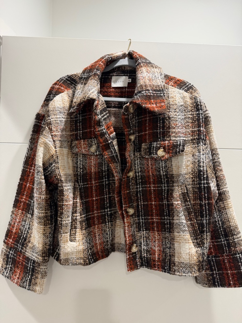 Plaid Button-Front Wool-Blend Jacket - Rust Cream Black